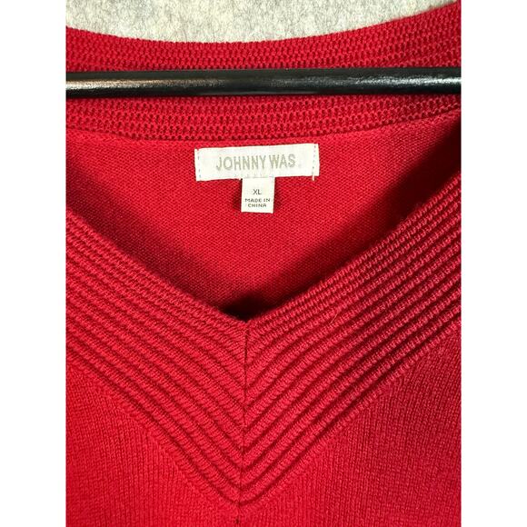 Johnny Was Sally Red Cashmere Whipstitch Pullover V-Neck Sweater - XL - Picture 5 of 8
